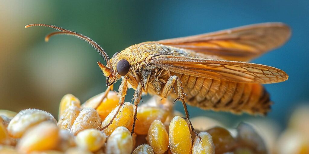 Close-up of a moth on grains.