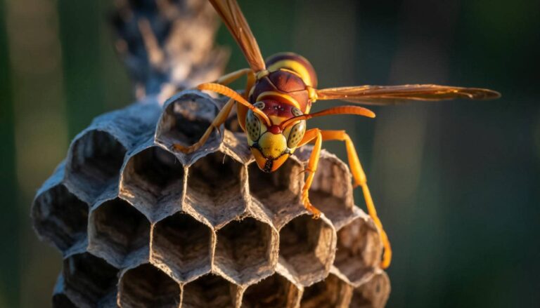 Close-up of wasp on honeycomb