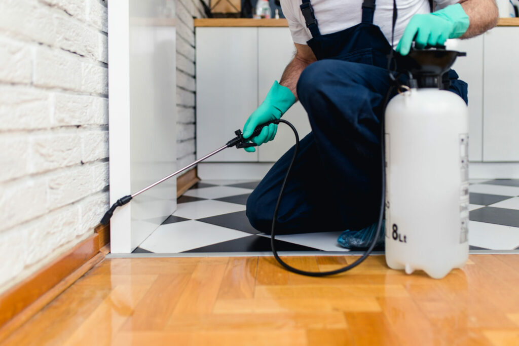 A man wearing coveralls, kneeling in a kitchen. He is wearing gloves and spraying the floorboards to control pests.