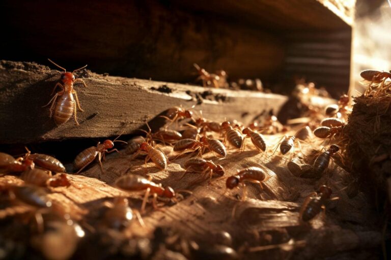 Termites on wooden surface in sunlight.