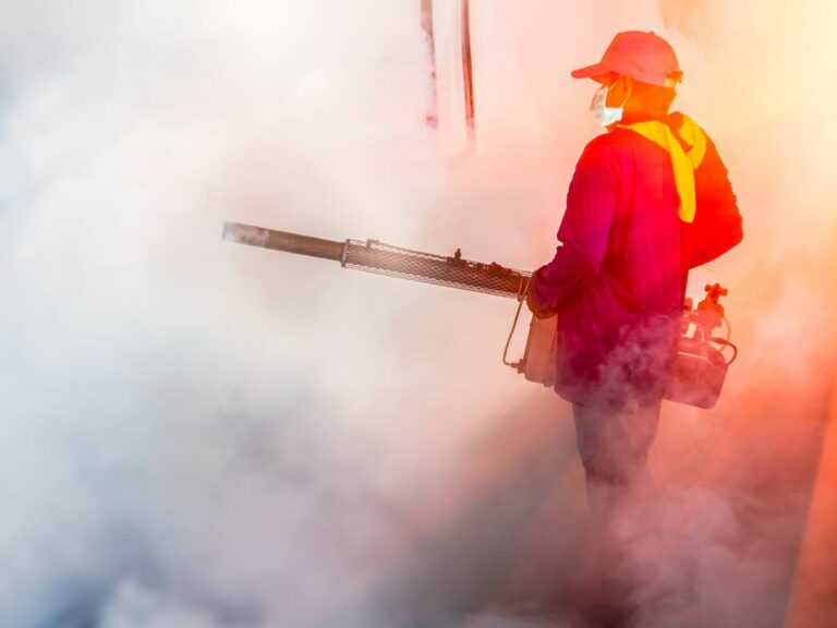 A pest control tech fumigating a large commercial property. Fumigation vs local treatment depends on the severity of the problem.