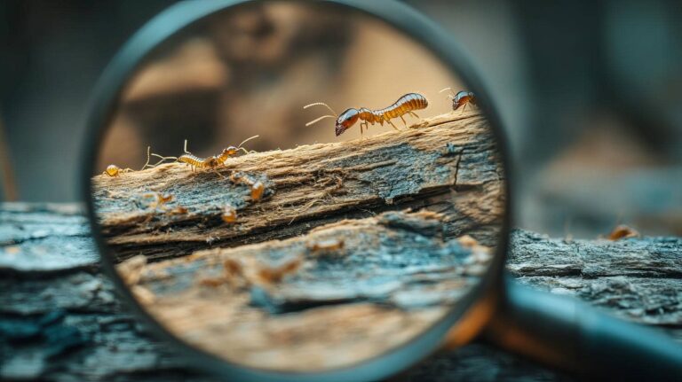 Termites on wood under magnifying glass
