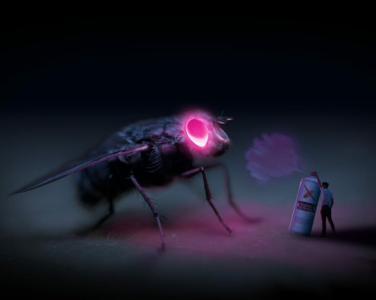 Pest control myths can lead to interesting outcomes. A mythical large fly with pink glowing eyes stands in front of a man with a giant bug spray can.